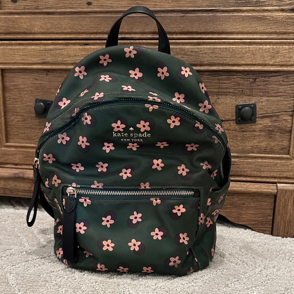 Kate Spade Dark Green Backpack with Pink Floral Pattern